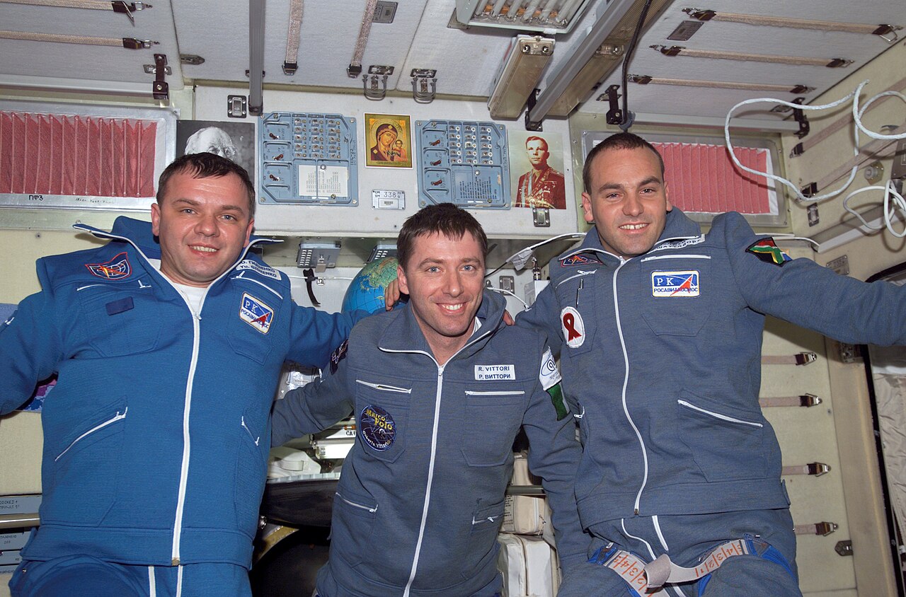 the first resident crew float together in the Zvezda module