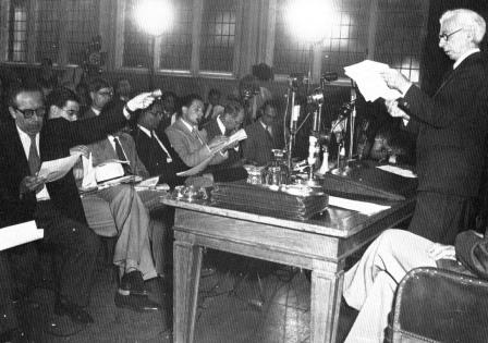 Bertrand Russell presents the Russell-Einstein Manifesto, warning of nuclear weapons' existential threat
