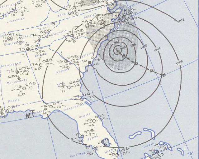 A weather map tracks Hurricane Diane, the first Atlantic storm to cause $1 billion damage