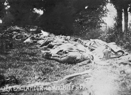 Australian soldiers lie dead in no-man's-land following the disastrous Battle of Fromelles