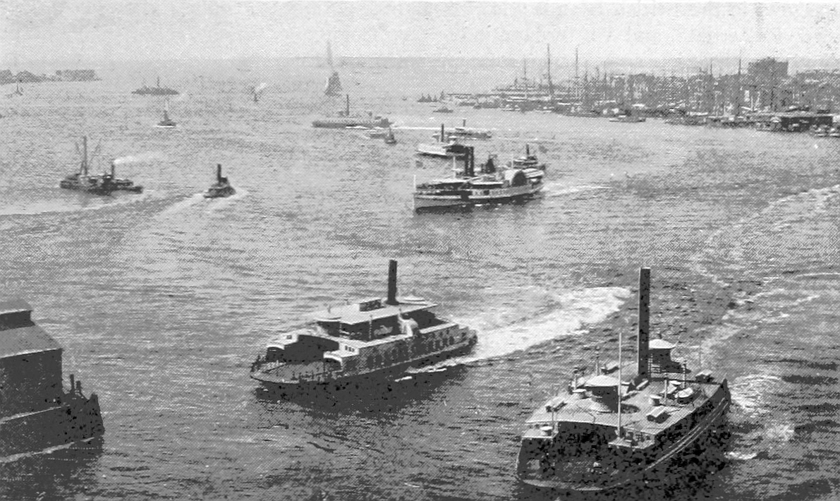 Steam ferries crowd New York Harbor on dedication day