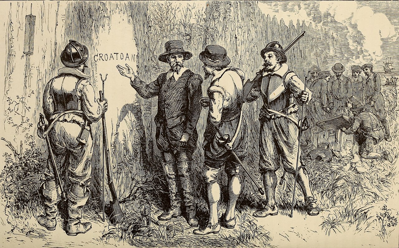 Governor John White discovers the mysterious Croatoan inscription at the abandoned Roanoke Colony