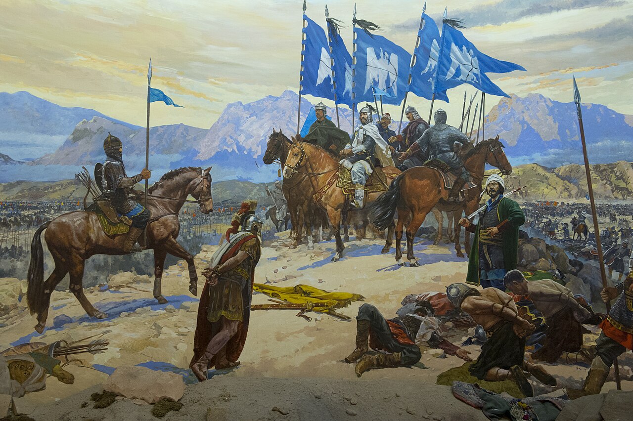 Byzantine emperor Romanos IV is brought before Seljuk Sultan Alp Arslan after Manzikert