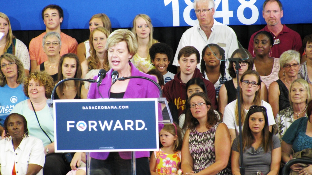 Baldwin speaks at a campaign rally during her 2012 Senate run