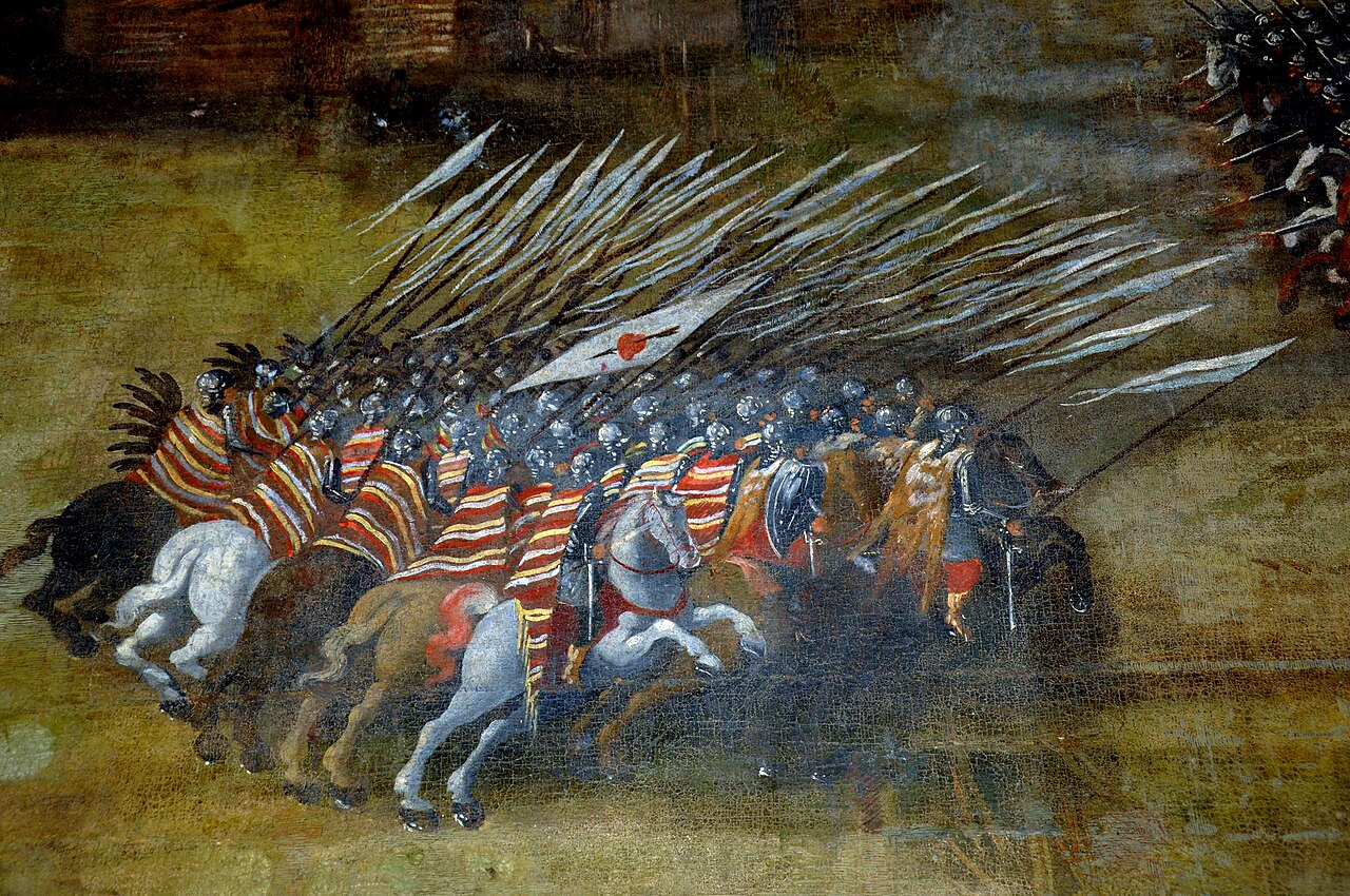 Polish winged Hussars charge with lances raised during the battle
