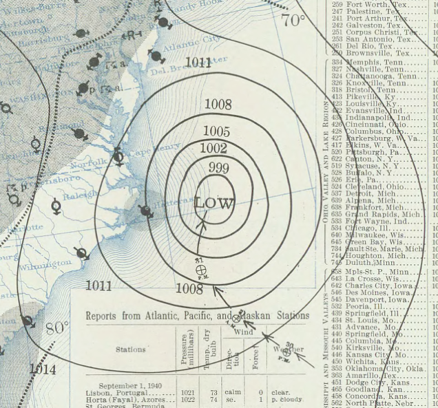 A 1940 weather map tracks the path of the New
