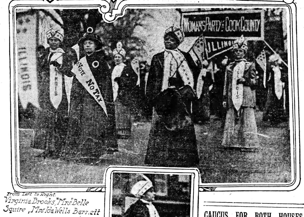 Ida B. Wells marches with Illinois suffragists, wearing a "Vote Not Tax" sash