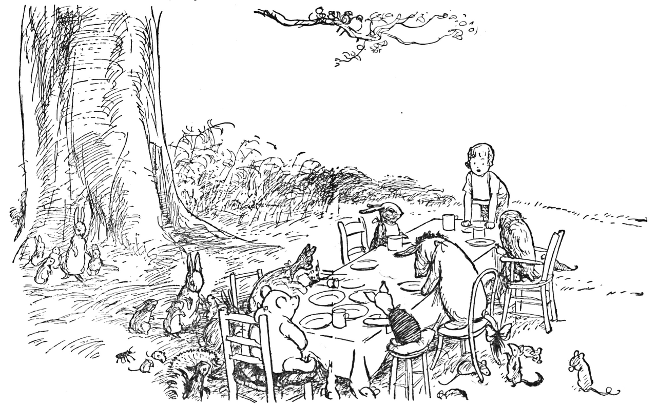 Christopher Robin joins Pooh and friends for a birthday party in the Hundred Acre Wood