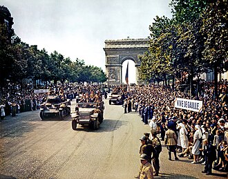 Allied forces and French citizens celebrate the liberation of Paris from German occupation