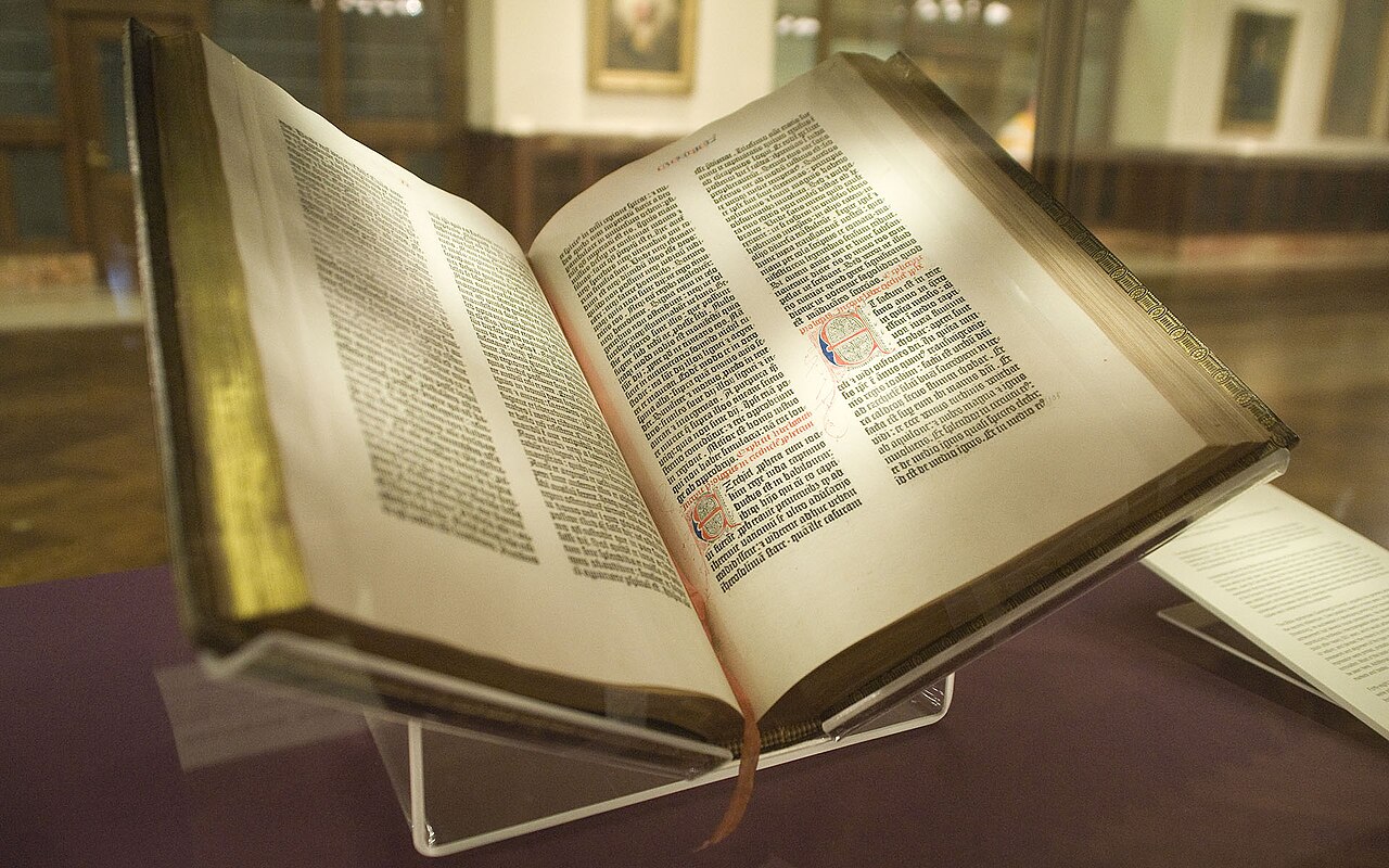 The Gutenberg Bible, the first major book produced using movable metal type printing