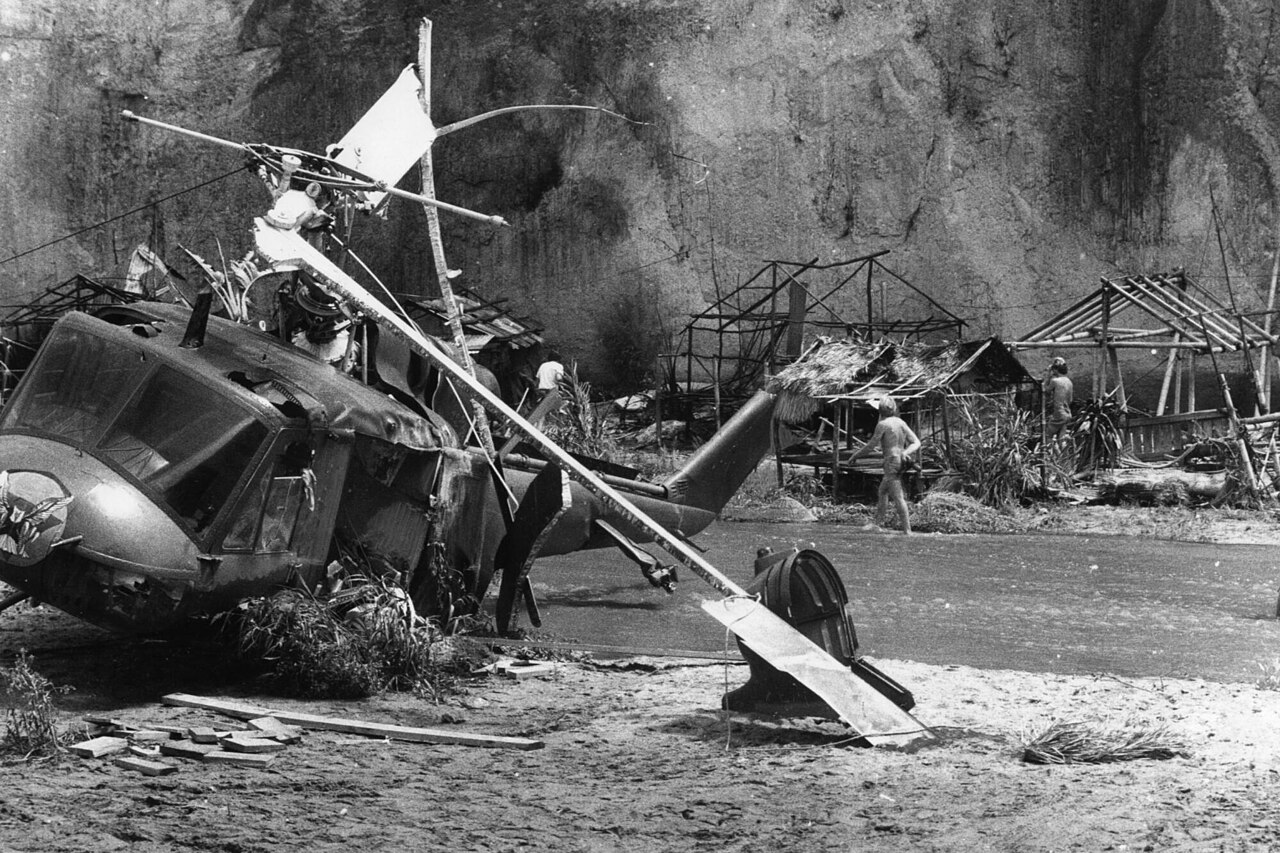 The helicopter wreckage on the set of Twilight Zone: The Movie in Valencia