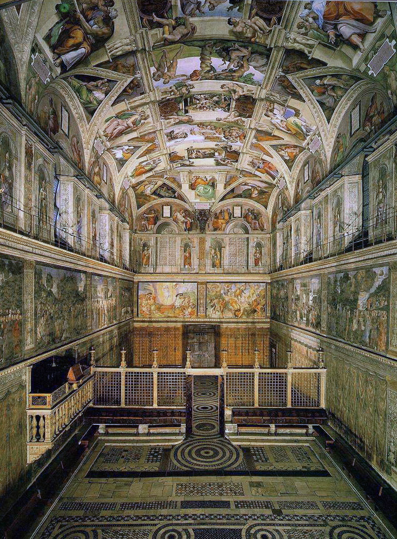 The Sistine Chapel interior, its vaulted ceiling newly painted