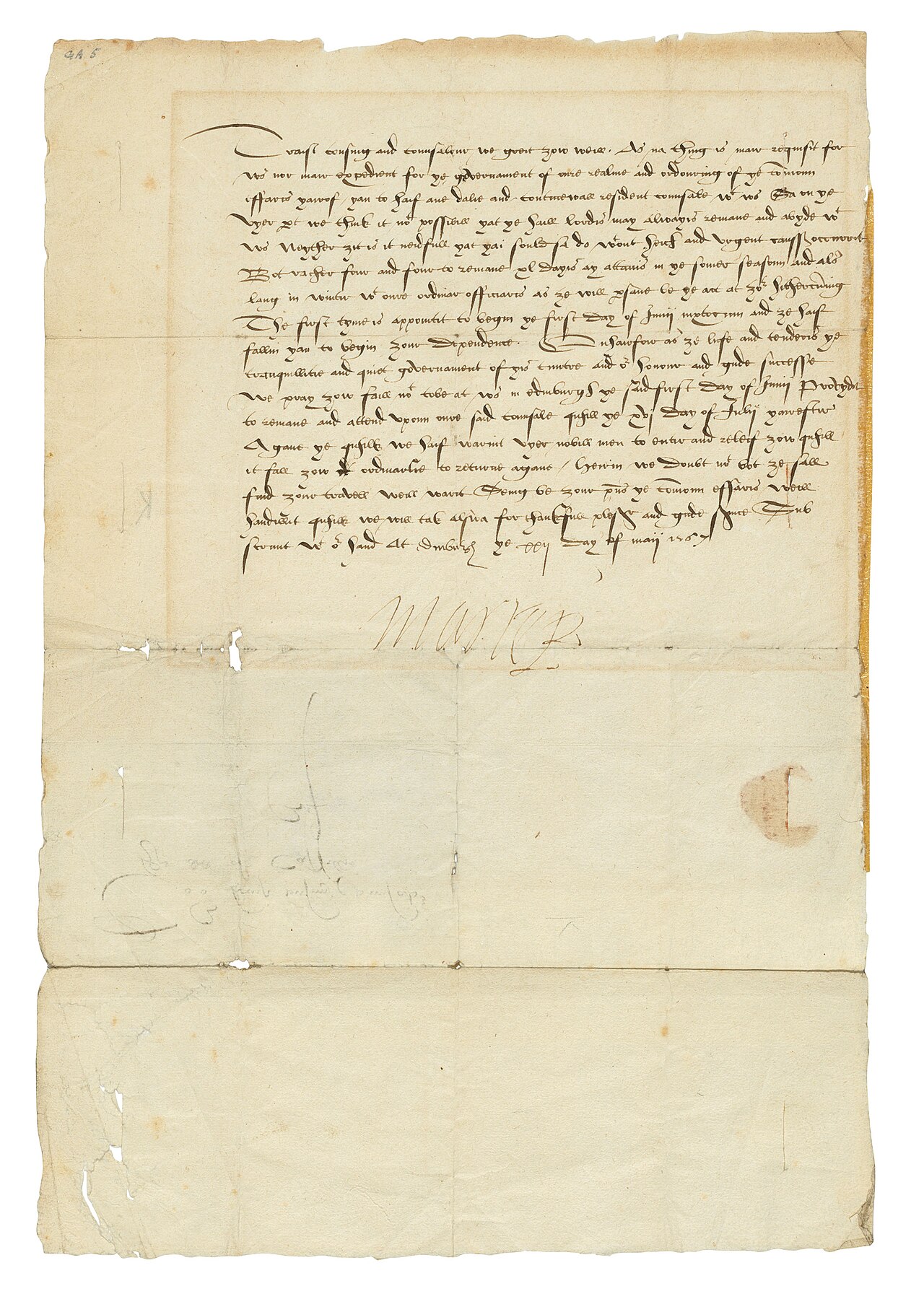 Mary, Queen of Scots, signs the instrument of abdication in favor of her son