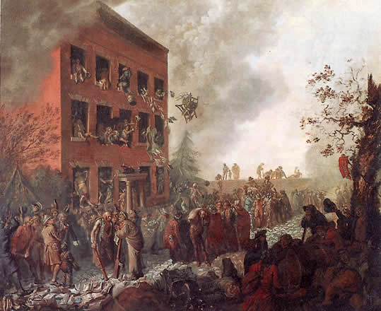 A mob destroys the Birmingham home of Joseph Priestley during the 1791 religious riots