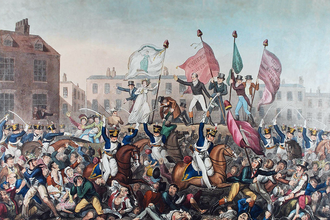 Cavalry charge the crowd at St. Peter's Field during the 1819 Peterloo Massacre