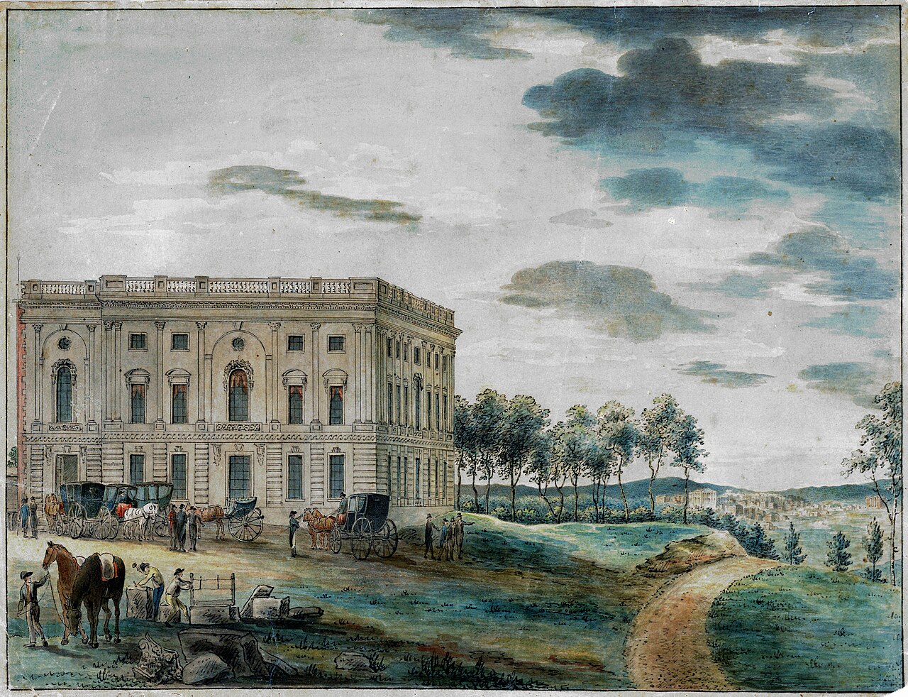 The Capitol building rises on Jenkins Hill, with carriages bringing visitors