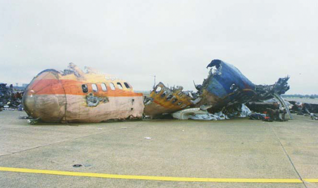 Wreckage of the Boeing 747 lies scattered across the runway