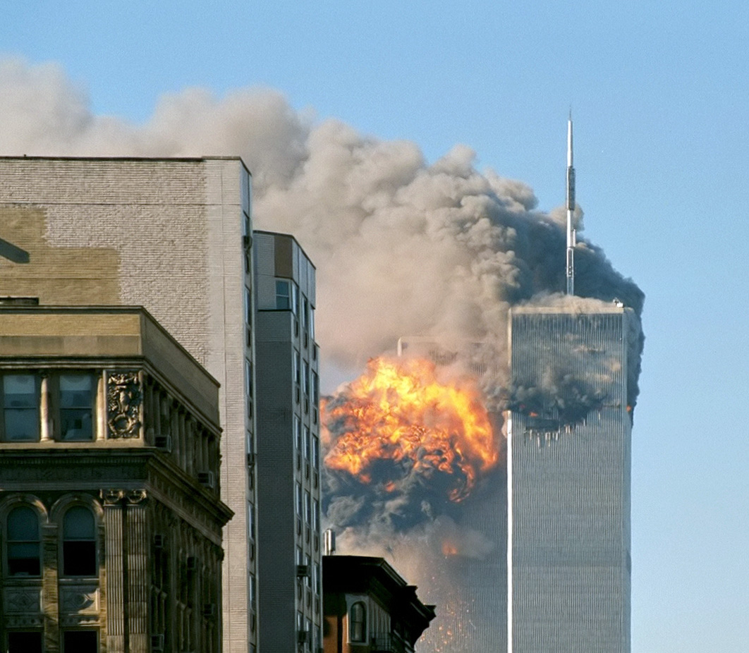 A jet explodes into the south tower of the World Trade Center