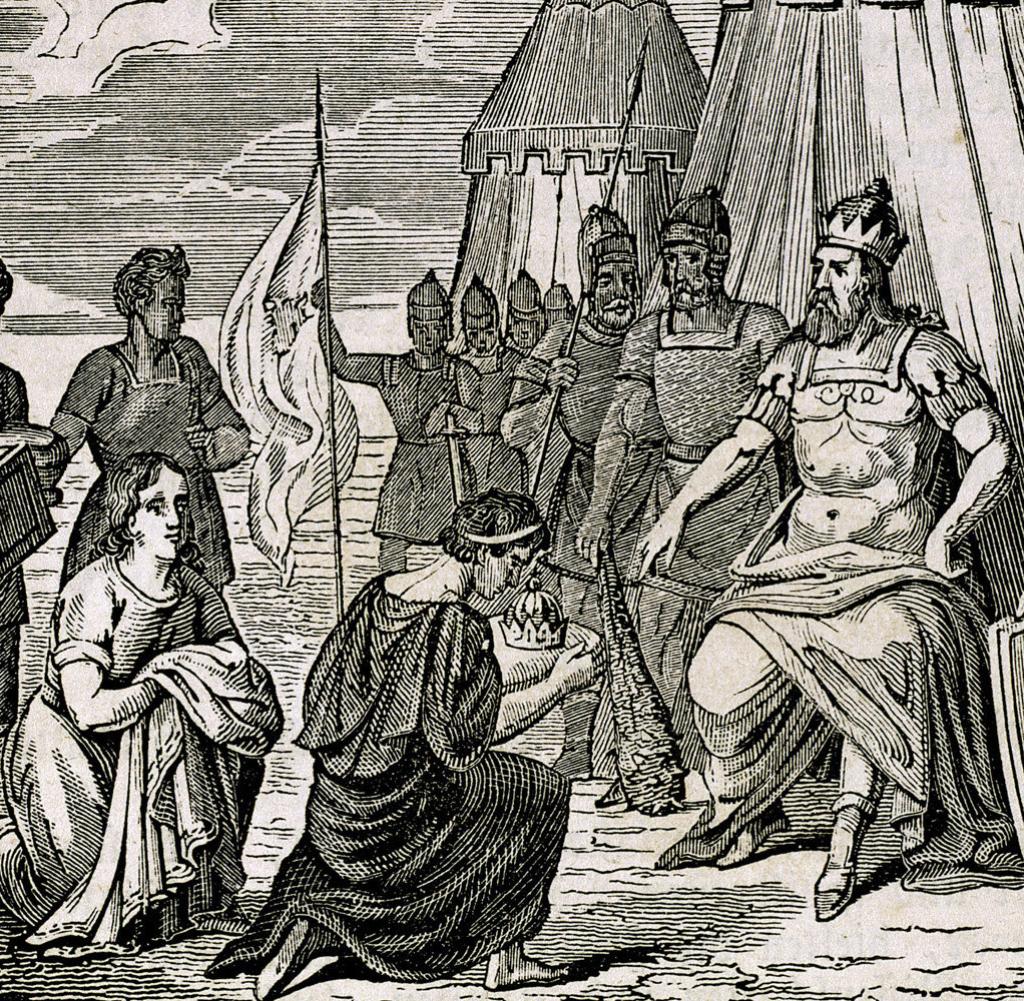 The last emperor kneels to offer his crown to the barbarian king