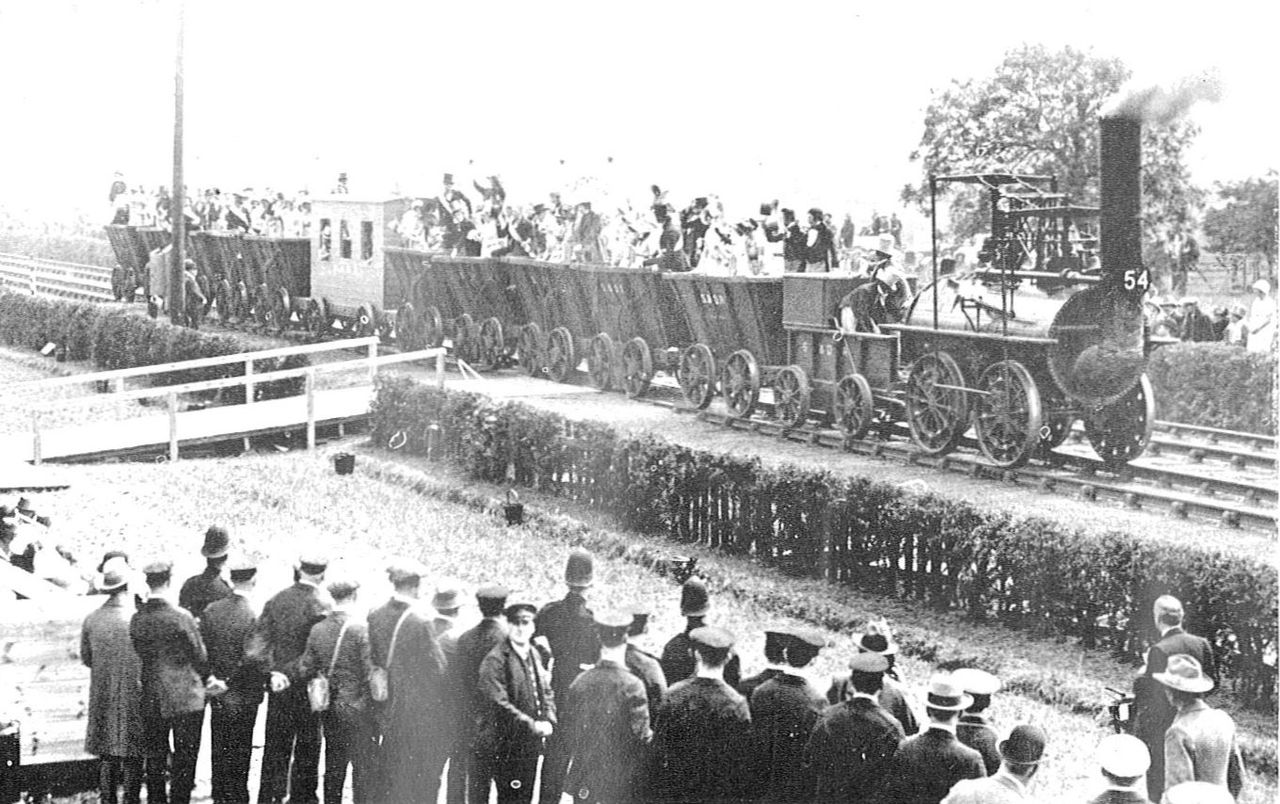 Locomotion No 1 hauls the first train on the Stockton and Darlington Railway