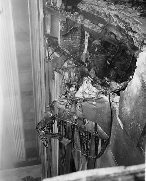 The B-25 bomber wreckage embedded in the Empire State Building following the 1945 crash
