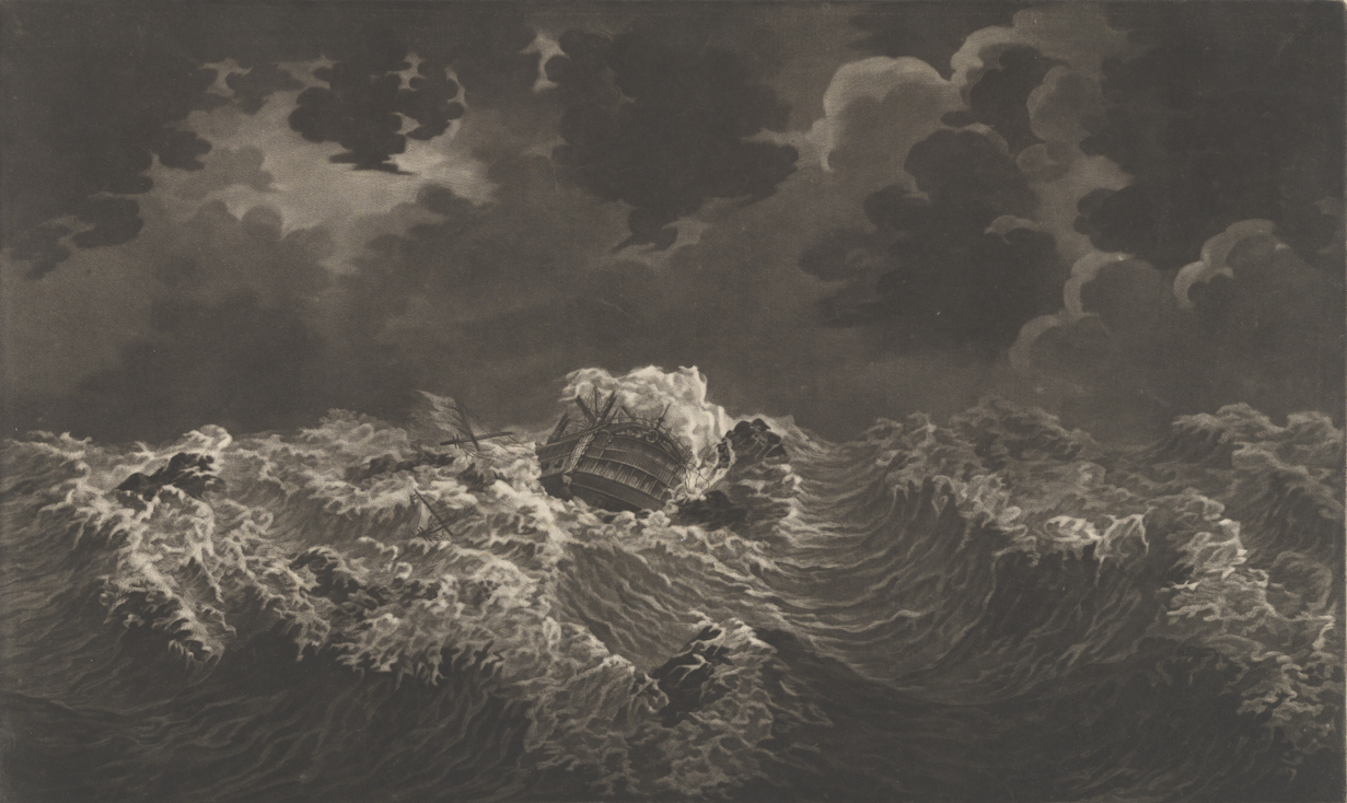 A ship founders in mountainous seas as the hurricane strikes