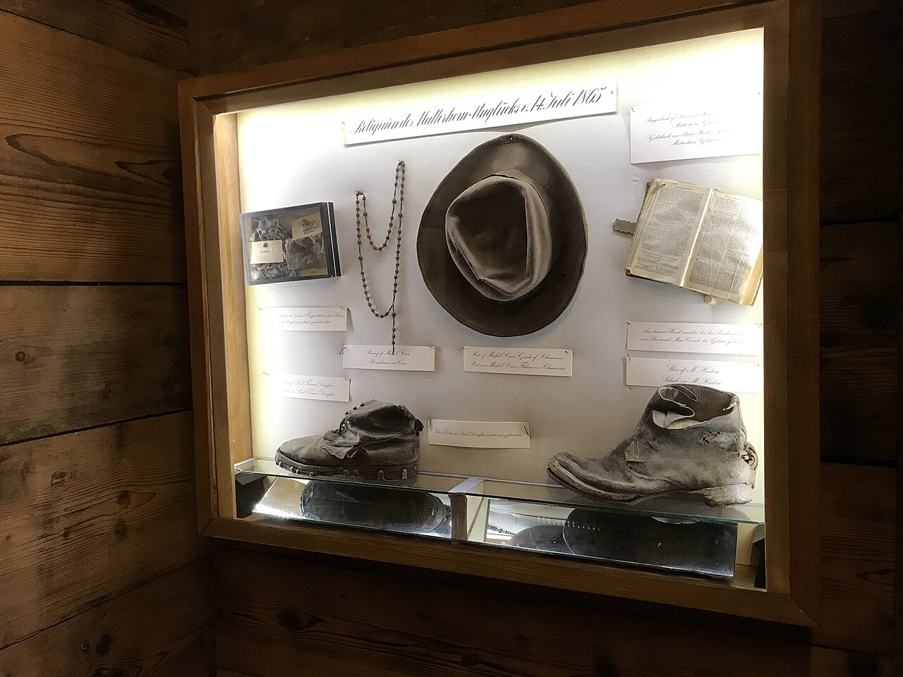 Relics from the 1865 Matterhorn expedition, displayed at the Zermatt Matterhorn Museum