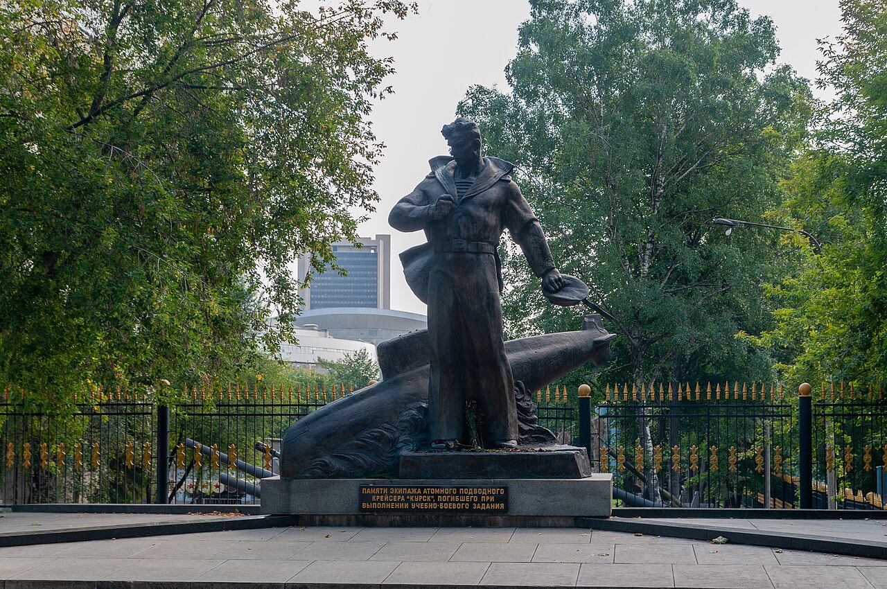A modern memorial in Russia honoring the 118 sailors lost aboard the Kursk submarine