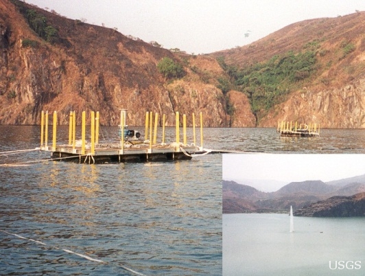 Lake Nyos, where degassing pipes now prevent the buildup of lethal carbon dioxide gas
