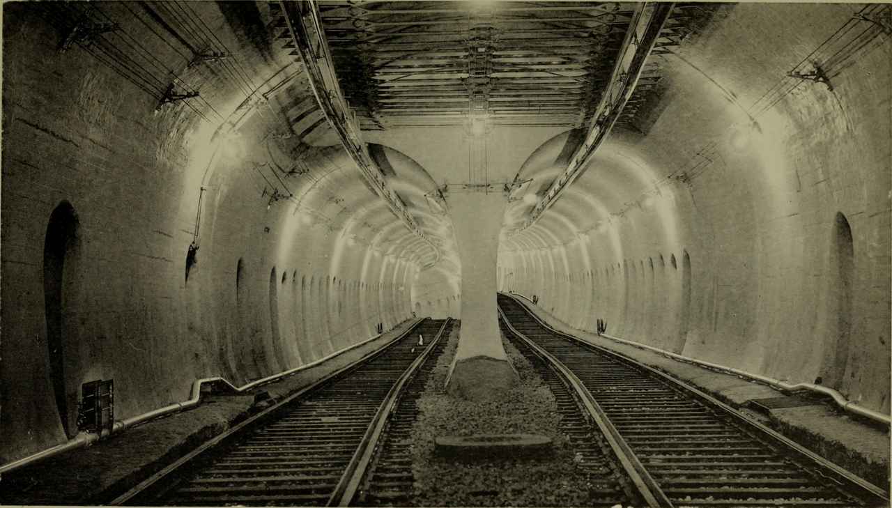 The newly opened Tremont Street Subway tunnel with twin tracks and electric lighting
