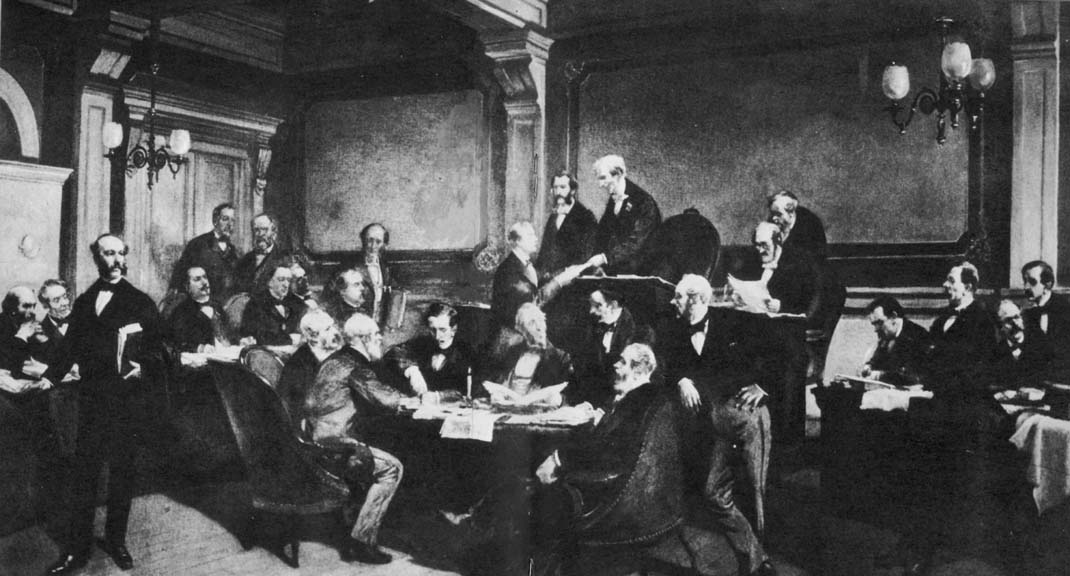 Diplomats gather to sign the First Geneva Convention in 1864
