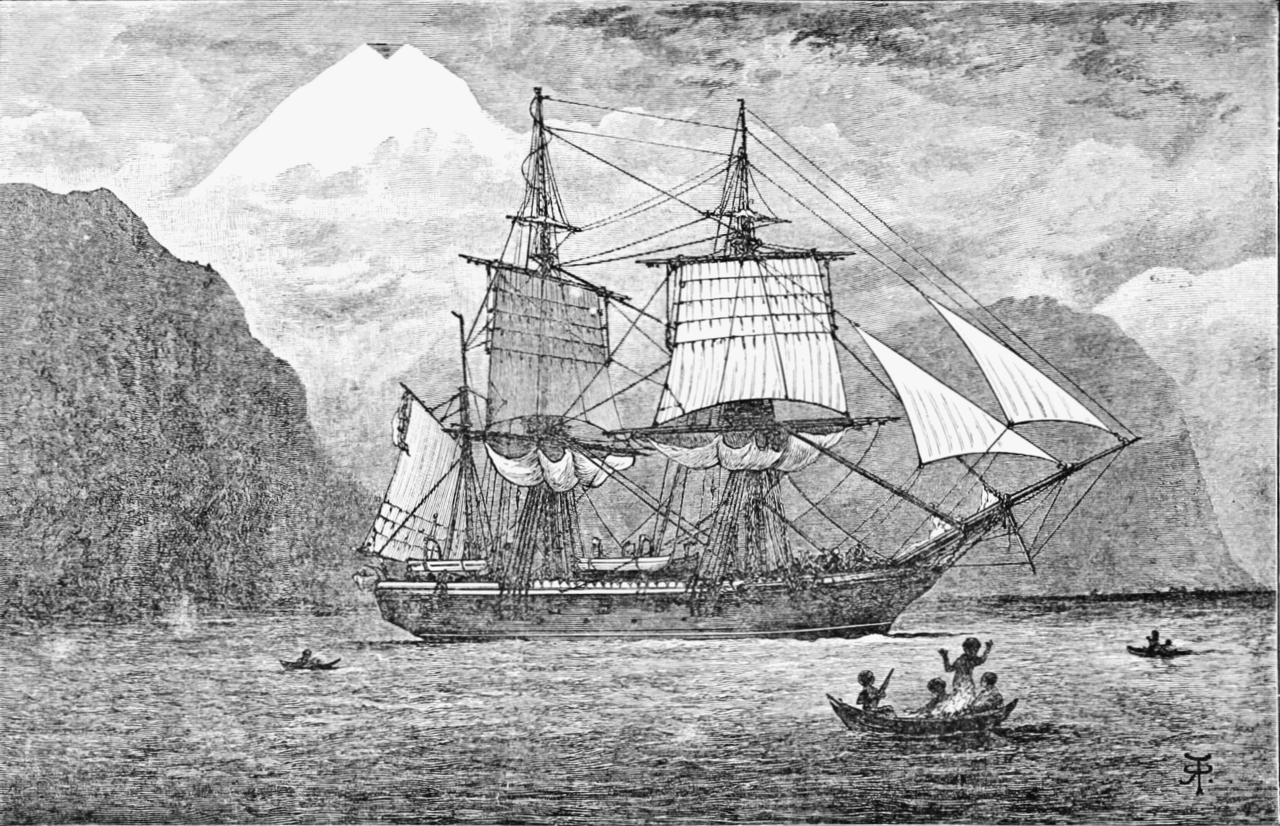 The survey ship Beagle anchors off the Galápagos while islanders paddle out in canoes