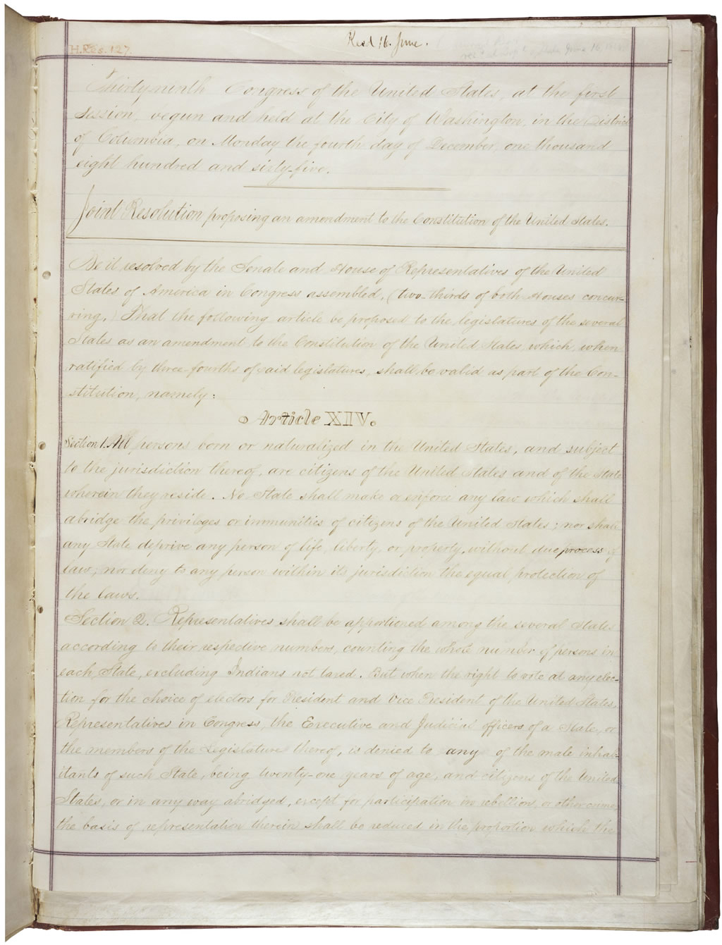 The Fourteenth Amendment, establishing citizenship and equal protection, as ratified in 1868