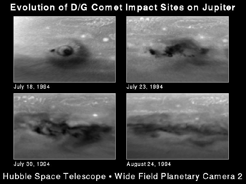 Impact scars from Comet Shoemaker–Levy 9 visible on the surface of Jupiter