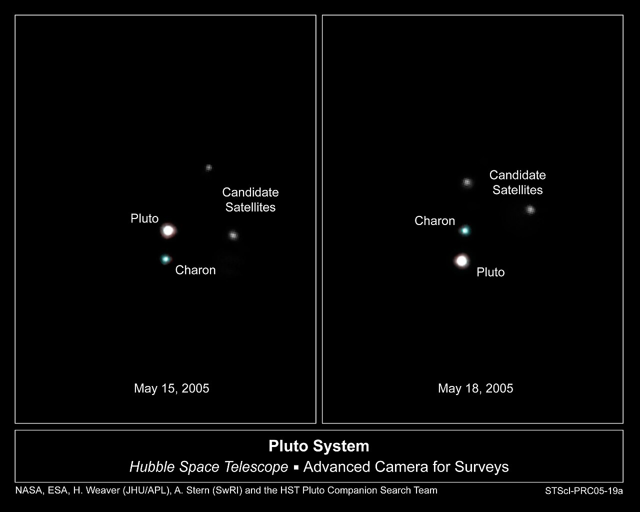 Hubble Space Telescope images of Pluto system taken May 2005 show newly detected moons