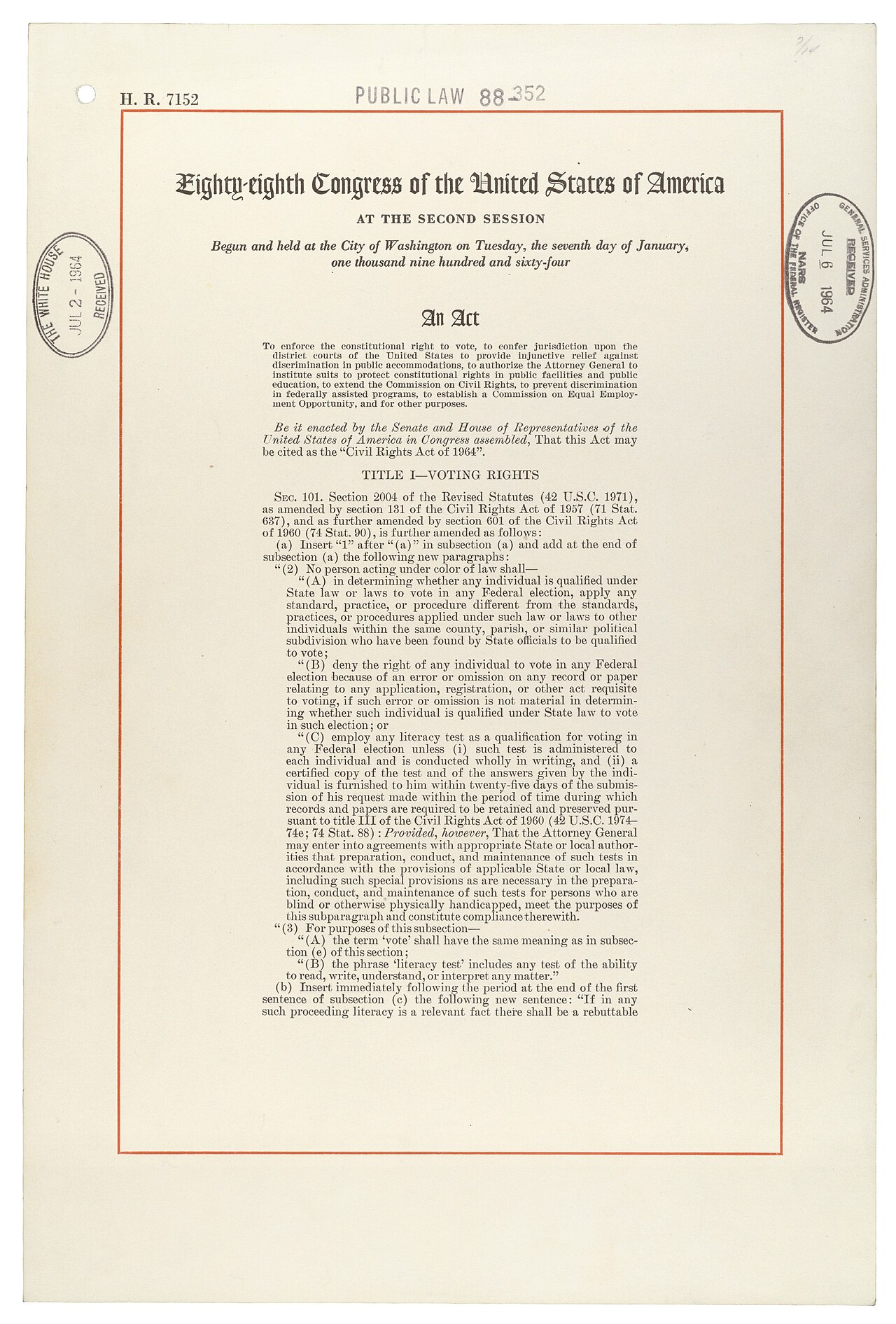 The Civil Rights Act of 1964, landmark legislation outlawing segregation in the United States