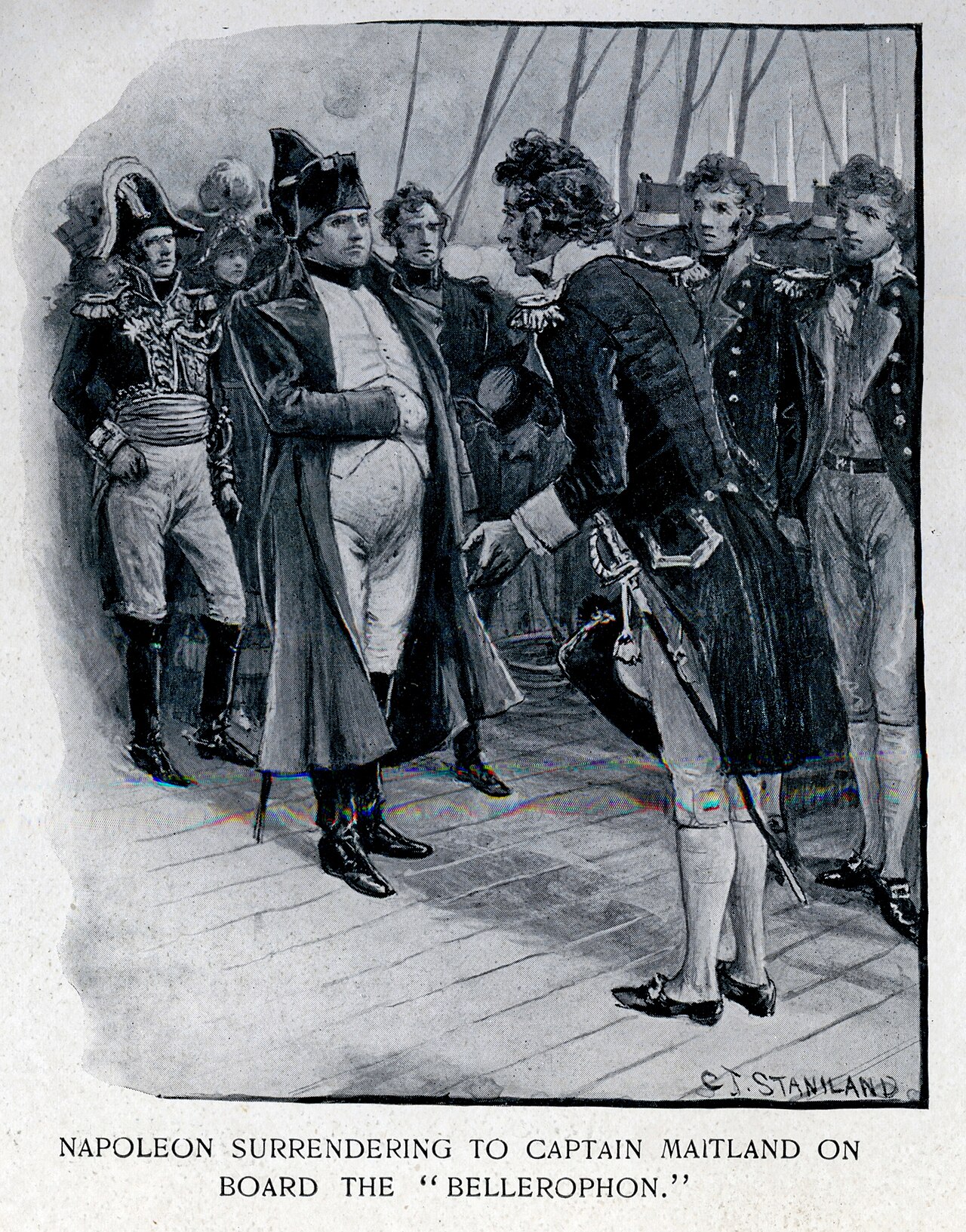 Napoleon Bonaparte surrenders to Captain Frederick Lewis Maitland aboard HMS Bellerophon in 1815