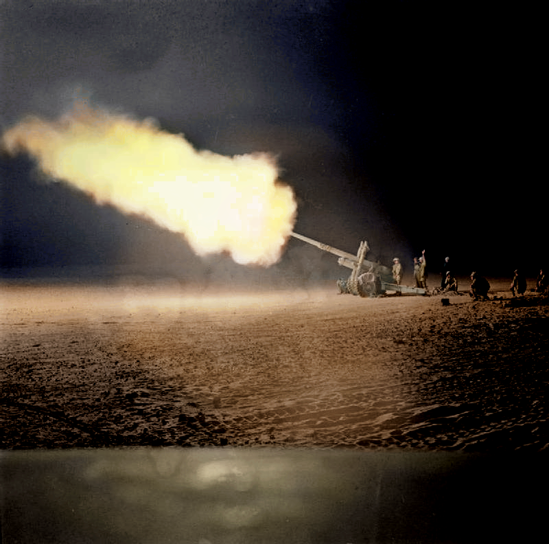 British artillery fires at night during the decisive First Battle of El Alamein