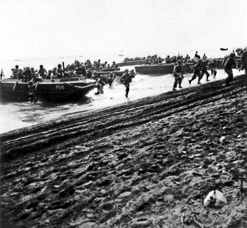 U.S. Marines storm the beaches of Guadalcanal, launching the first major American Pacific offensive