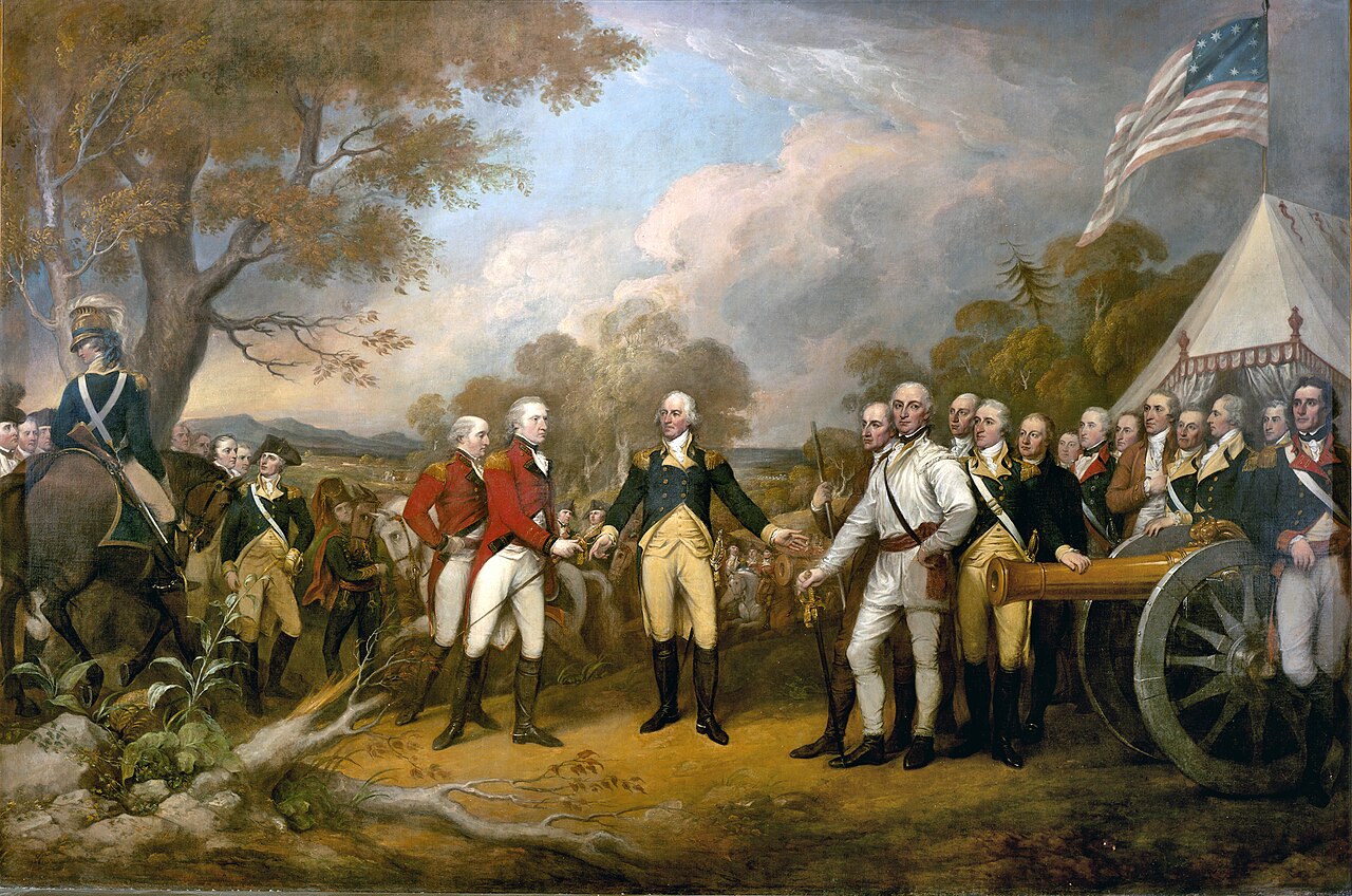 British officers in red coats hand swords to American commander as troops look on