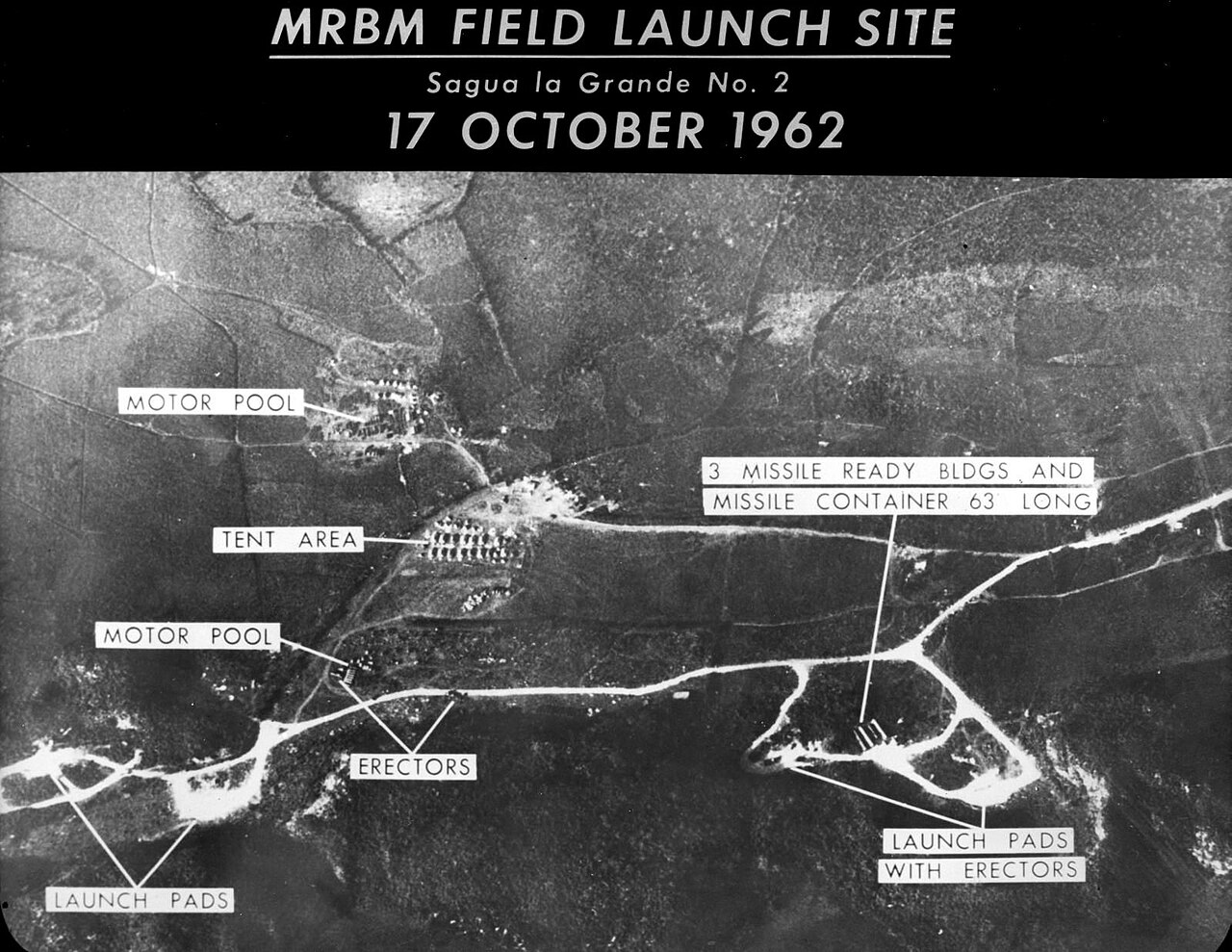 Aerial reconnaissance photograph shows MRBM field launch site at Sagua la Grande