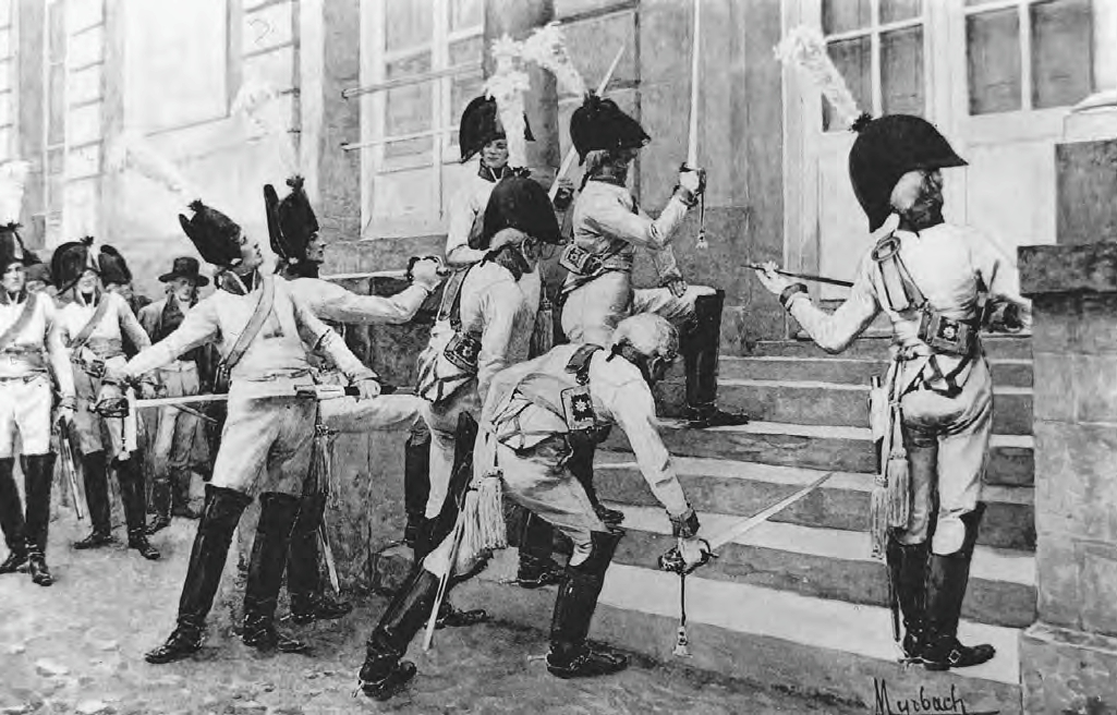 Prussian officers hand their swords to French victors after the battle