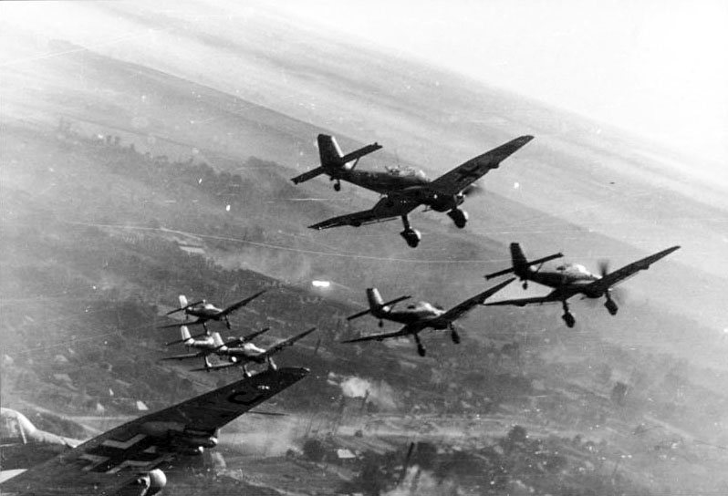 German bombers fly in formation over the English coast