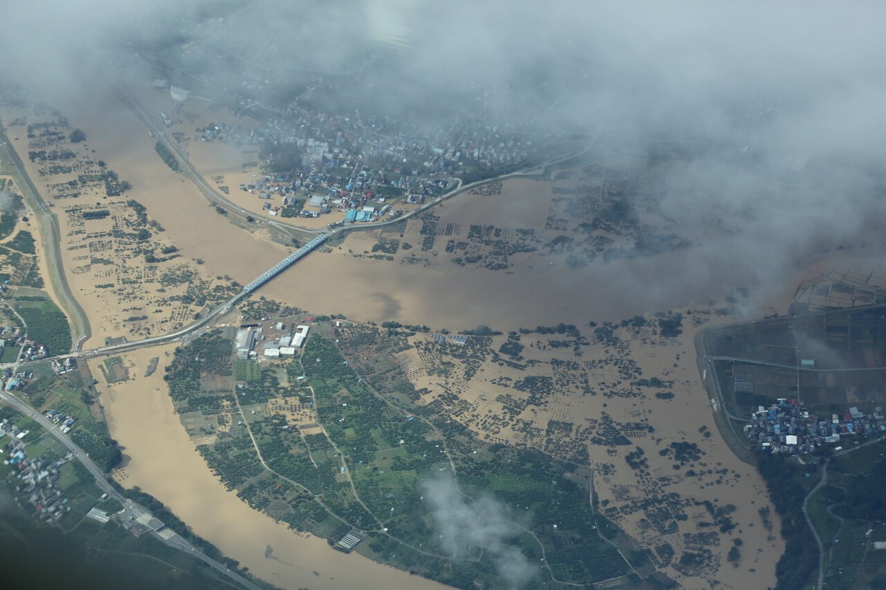 Flooded farmland and towns seen from the air after the typhoon strikes