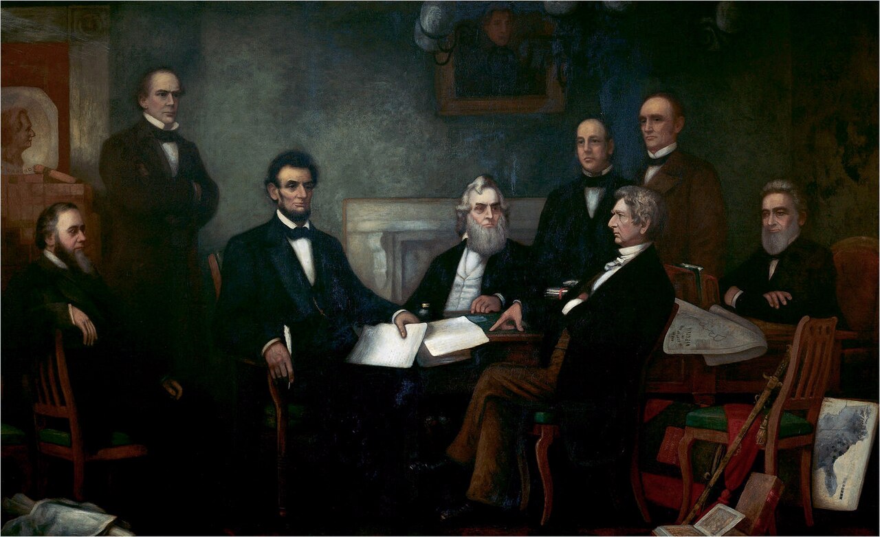 President Lincoln reads the preliminary proclamation to his cabinet