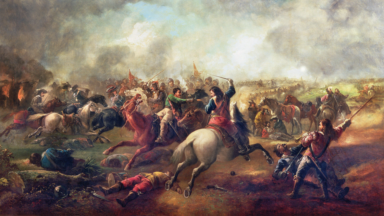 Parliamentarian forces crush Royalist troops at the decisive 1644 Battle of Marston Moor