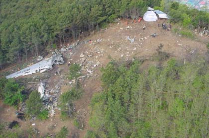 The crash site of Air China Flight 129 on a hillside near Busan