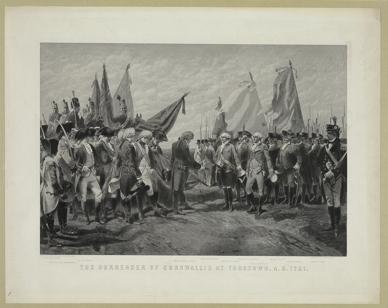 British officers hand over swords to American and French commanders