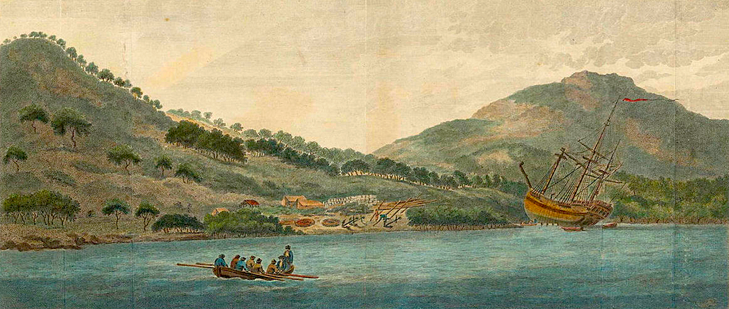 The Endeavour lies at anchor in the river where Cook landed to make repairs