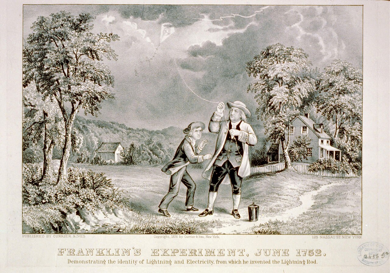 Franklin and his son draw lightning from a kite string in a June storm